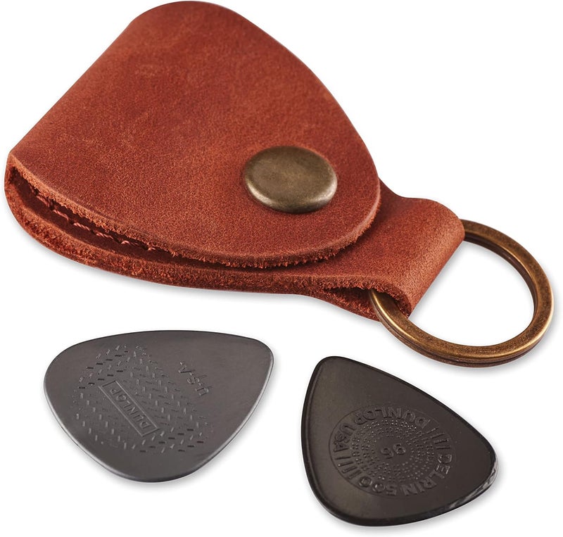 IRIDESCENT Leather Guitar Pick Holder Keychain, Guitar Pick Holder Case Bag, Plectrum Key Fob Cases Bag, Gift for Guitar Players (Cognac) - Image 1